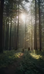 the sun shining through a forest with people walking by