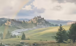 a rainbow shines in the sky over a beautiful valley