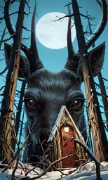 there is a painting of a black dog inside the woods