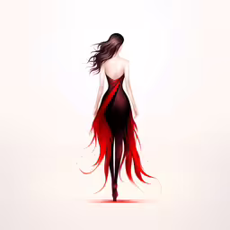 a woman is shown in a red dress,red - haired woman in black dress with long hair flying across the air