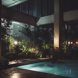 a pool at night with some lighting reflecting off the water