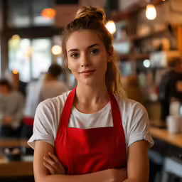 a woman with an apron in a restaurant posing for a picture