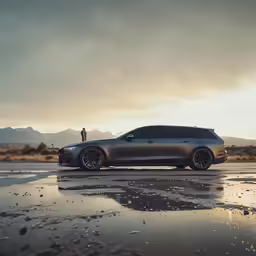 a person stands on top of a very sleek car