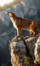 a dog standing on top of a mountain next to a forest