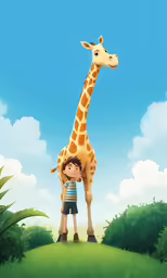 boy in blue and white striped shirt standing near a giraffe