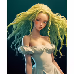 the girl with blond hair is wearing a white dress