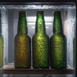three green bottles in an opened freezer
