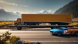 a yellow truck and a blue car drive down the road,there is a large truck with a orange trailer next to it