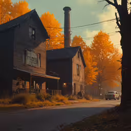 a tall building with a very big chimney on the side,a building sitting next to a forest in the sunlight