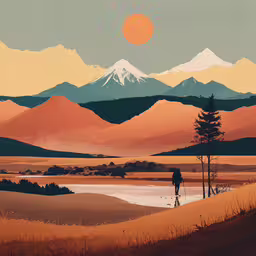 a painting of people walking along the shore of a lake with mountains in the background,a poster of a person walking across a field under mountains