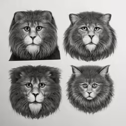 four drawings of the head of an adult lion and a kitten