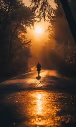 the person is walking down a wet road
