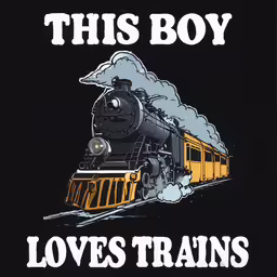 this boy loves trains t - shirt,a small yellow train is on its tracks