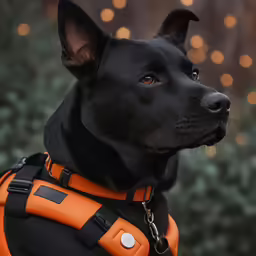 the black dog is wearing an orange collar