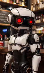 the robot is in a bar staring