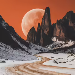 a dirt road leading to two large mountains