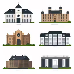 a group of buildings that are all next to each other,four different buildings are seen in three different illustrations
