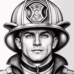 a black and white drawing of a firefighter