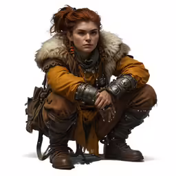 a beautiful young woman dressed in armor crouching