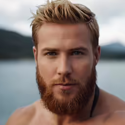 a bearded male with no shirt on looking straight ahead