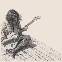 a man sitting on the ground with a guitar in his hand