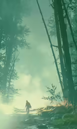 a person with a helmet walking in a forest