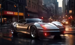 the silver car is parked on the street