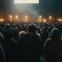 a group of people standing in front of a theater