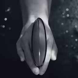 a person holding out a glass with the shape of a circle on its arm