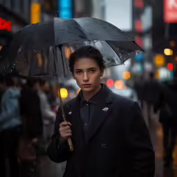 a young man wearing a trench coat and holding an umbrella on a city street