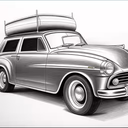 a drawing of a car with an old fashioned surfboard on the roof,a drawing of a car with a surfboard on top