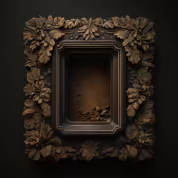 a wooden square frame with decorative flowers and leaves
