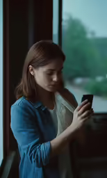 a girl checks her cell phone by the window
