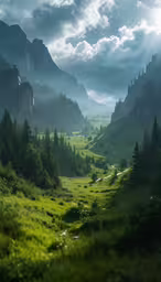 a view of a mountain valley with trees and grass in the foreground