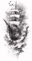 an old sailing ship on the water with birds flying around