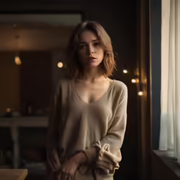 a girl standing in front of a window with her hands on her hips