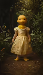 a little girl is wearing a yellow dress with a duck head