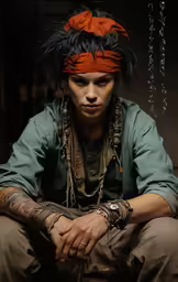 a man wearing a red bandana and holding his hand on his knee