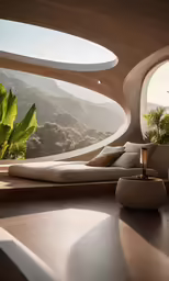 a couch is situated in front of a round window with mountains in the background