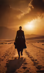 a person with a hat and coat walks in the sand