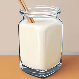 a wooden stick resting on a glass jar full of milk