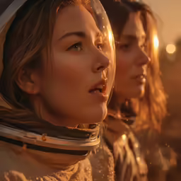 a close up of two female astronauts in outer space