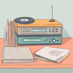 an old record player, boombox and two books are stacked in front of a stereo