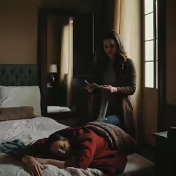 woman reading on bed beside a woman sleeping