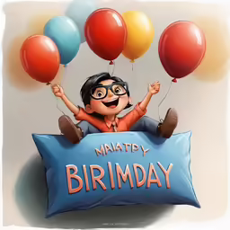 a happy birthday pillow with balloons flying
