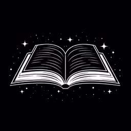 an open book with stars flying around