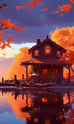 a house and boat are reflecting in the water