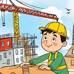 the boy stands in front of a building under construction