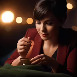 a woman lighting a candle with one hand and her hands folded in a small bowl