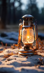 a lamp sits on the sand next to leaves